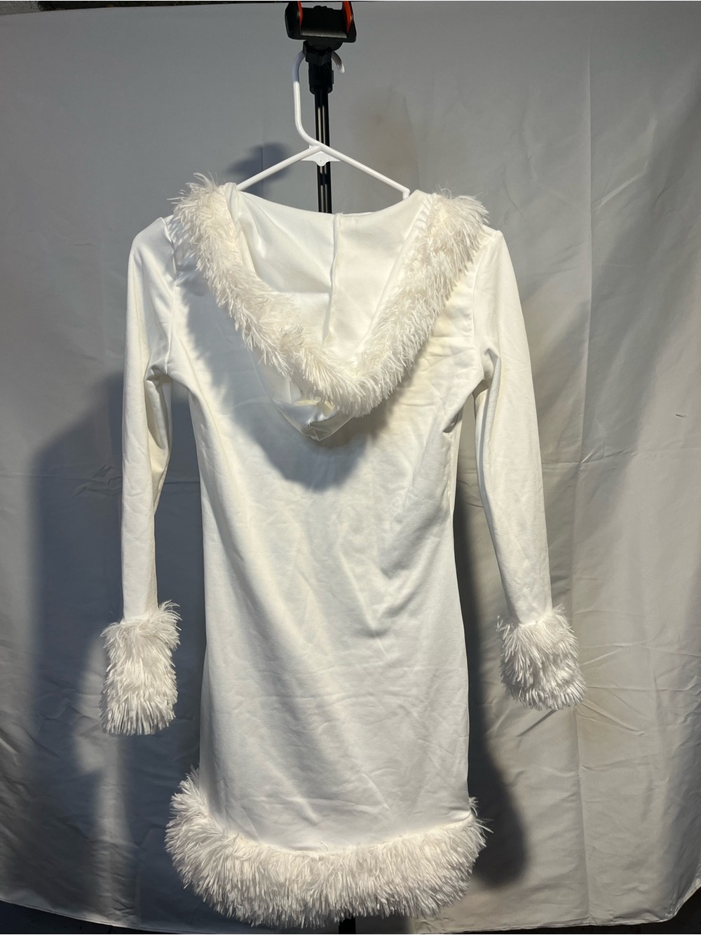 festive Y2K white long-sleeve bodycon Hooded Fur Mini dress SZ S - Picture 2 of 6